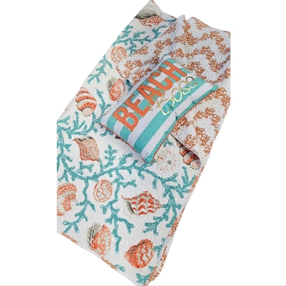 Beach Themed Throw with Coral  & Shells With Matching Beach Boss Throw Pillow